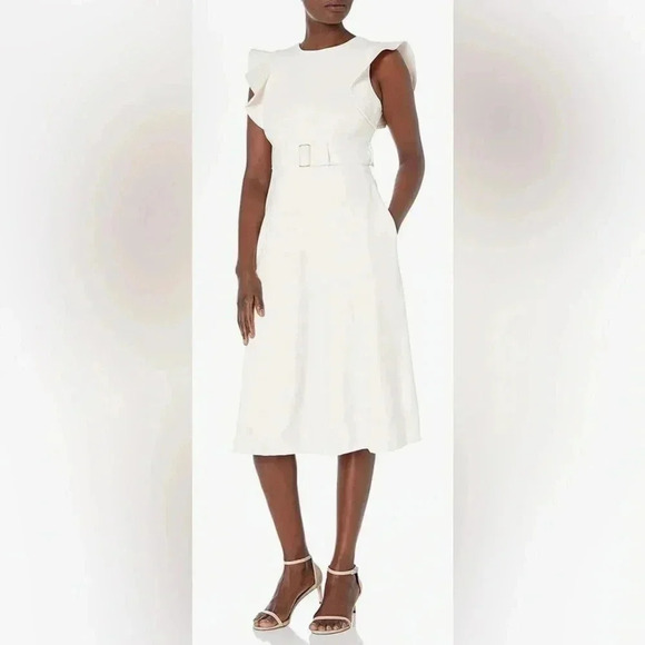 Calvin Klein Women's Flutter Sleeved A-line Dress with Self-Fabric Belt Size 10 - Picture 2 of 9